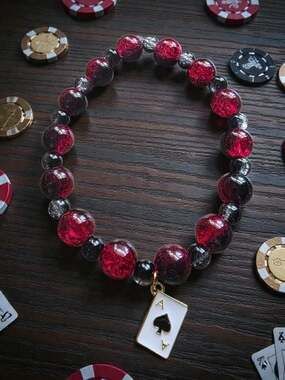 Red and Black Crackle Bead Bracelet with Ace of Spades Charm